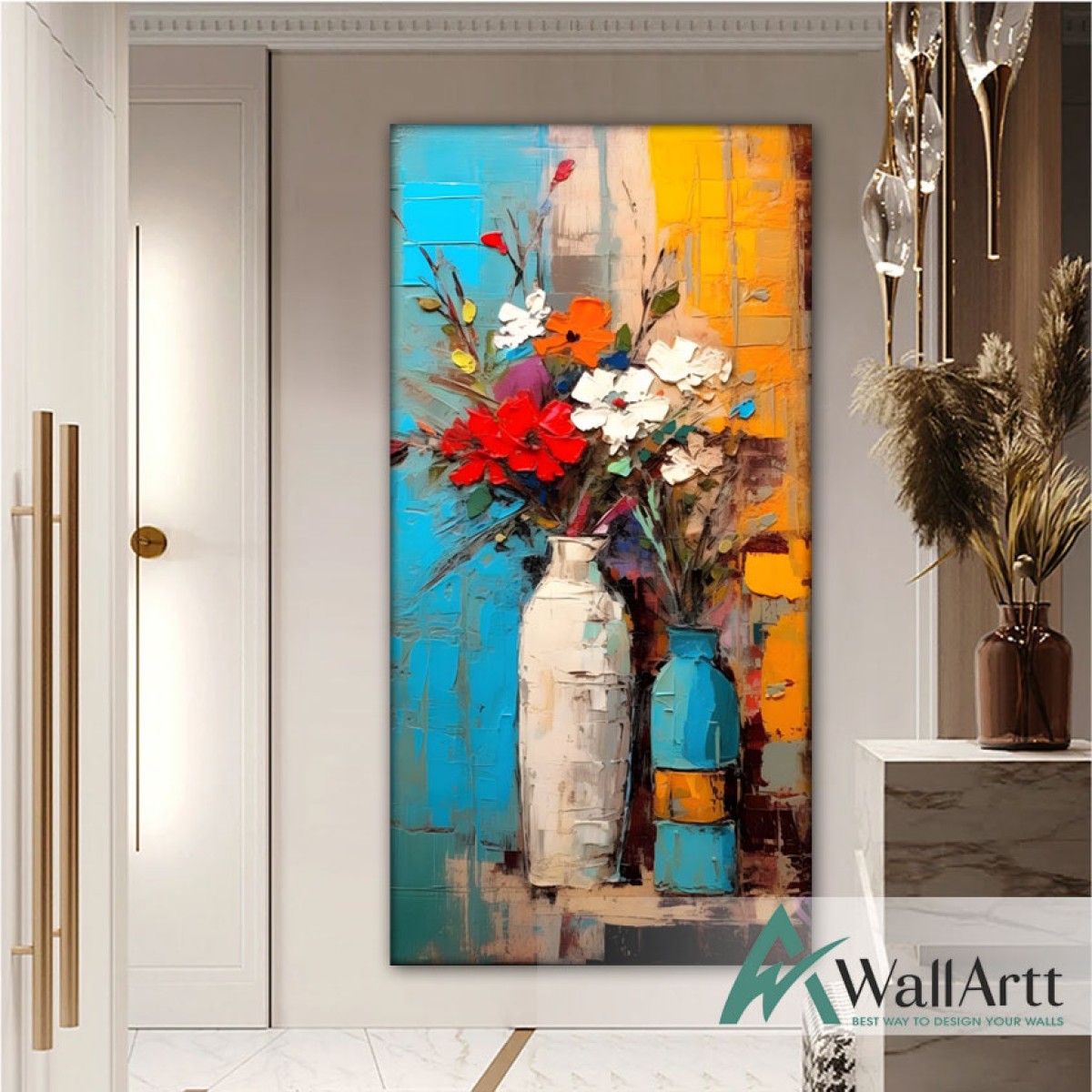 Colorful Flowers in Vazes 3d Heavy Textured Partial Oil Painting - Wall Art